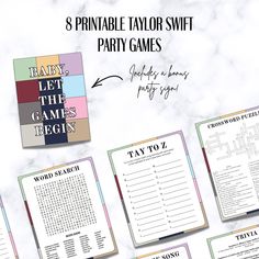 the 8 printable taylor swift party games are available for $ 3 99 / each