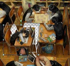 an artist's rendering of students studying at desks with their pictures on them