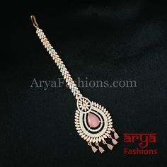 CZ Rose Gold Designer Mang Tika with Emerald Ruby Stone Pink Adjustable Jewelry For Puja, Gold Mang Tika, Mang Tika, Maang Tika, Light Weight Jewelry, Stone Feature, Ruby Stone, Cz Stone, Pearl Beads