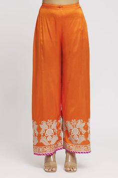 Orange straight kurta with contrast floral, leaves, thread embroidery. Comes with coordinating palazzo and dupatta. - Aza Fashions Gopi Vaid, Kurta And Palazzo, Kurta Palazzo Set, Floral Leaves, Straight Kurta, Thread Embroidery, Set For Women, Aza Fashion, Types Of Sleeves