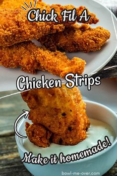 Breaded and cooked chicken strips dipping into a white sauce. With Pinterest overlay. Chic Fil A Spicy Chicken Recipe, Fries Chicken Tenders, Chicken Tenders Recipes Chic Fil A, Chicken Strip Recipes Fried, Crispy Chicken Strip Recipes, Chicken Strips Recipes Easy, Crispy Chicken Strips, Chicken Strips Recipe, Extra Crispy Chicken Tenders