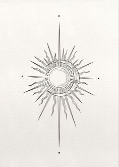 a black and white drawing of a sun with rays coming out of the center, on paper