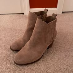 Tan Suede Never Worn Booties Taupe Ankle-high Boots For Spring, Spring Taupe Ankle-high Boots, Casual Beige Suede Booties, Casual Beige Heeled Boots With Almond Toe, Taupe Suede Boots For Fall, Casual Beige Suede Heeled Boots, Casual Beige Booties With Stacked Heel, Casual Beige Booties With Almond Toe, Casual Beige Almond Toe Booties