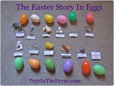 the easter story in eggs is on display