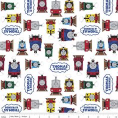 thomas the tank engine on white cotton fabric with blue and red letters that say,