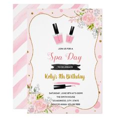 a pink and gold spa day birthday party with flowers on the front, two bottles of perfume