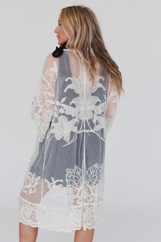 With its intricate design and comfortable fit, the Butterfly Beach Kimono is the perfect addition to any boho wardrobe! Whether you're dressing up or down, this kimono is the perfect finishing touch to any boho look because it features: See-through design crafted from delicate embroidered lace Flowy and lightweight, perfect for warm weather or layering Versatile front tie closure for a customizable fit and added style Intricate butterfly-inspired details for a charming and boho look Your favorit Butterfly Beach, Boho Wardrobe, Loose Kimono, Three Bird Nest, Beach Kimono, Clothes Wishlist, Walk This Way, Kimono Style, Bird Nest