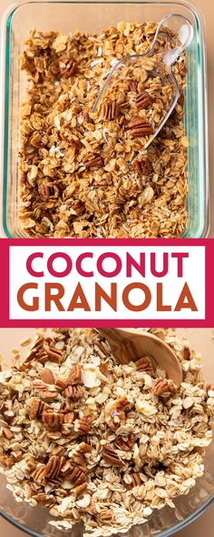 bowl of pecan, almond, coconut granola with scoop and mixing bowl with granola ingredients Chia Granola, Coconut Granola Recipe, Cranberries Dried, Chocolate Chip Granola, Pumpkin Granola, Granola Clusters, Coconut Chia, Dried Pineapple, Yogurt Breakfast