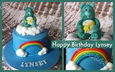 there is a birthday cake with a teddy bear on the top and rainbow in the bottom