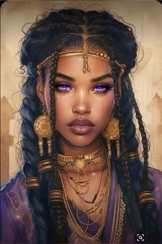 a painting of a woman with braids and jewelry on her head, wearing purple eyeshade