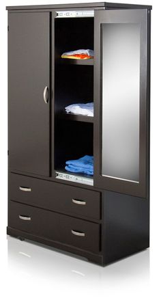 an armoire with two drawers and a mirror on the door, in front of a white background