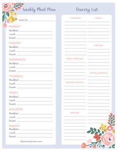 a printable weekly meal planner with flowers on the front and side, including grocery list