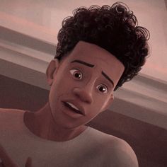 an animated image of a young man with curly hair and no shirt, holding his hand out