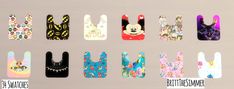 several different styles of mickey mouse nail decals in various colors and designs, including black, white, pink, blue, green, yellow