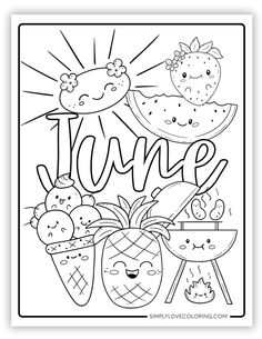 a coloring page with the words time and fruit on it, including an image of strawberries