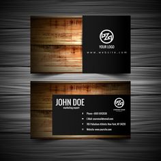 two business cards with wood grain on them