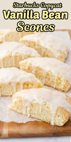 vanilla bean scones with icing on a cutting board