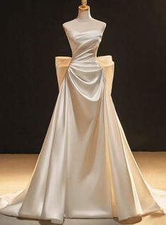 Wedding Gown Satin Classy, Wedding Dress Old Hollywood Glamour, Elegant Wedding Dress With Bow On Back, Wedding Gown With Bow On Back, Silk And Pearl Wedding Dress, Rose Colored Wedding Dresses, Wedding Dresses Hairstyles, Long Satin Wedding Dress, Dresses With A Bow In The Back