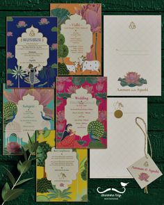 an assortment of wedding cards and envelopes with flowers on the front, in different colors