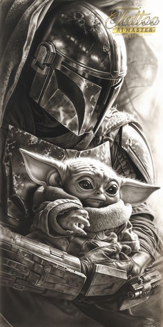 a pencil drawing of a baby yoda and an adult in armor with the child on his lap