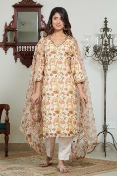 Cream pure chanderi kurta with yellow and pink floral digital print. Comes with dyed pant and a pure organza dupatta with magzi and dori patti hand embroidery. - Aza Fashions Chanderi Straight Kurta Sharara With Printed Motifs, Chanderi Sharara With Printed Motifs, Yellow Chanderi Sharara With Printed Motifs, Designer Yellow Kurta With Printed Motifs, Yellow Chanderi Palazzo Set With Printed Motifs, Designer Wear Yellow Kurta With Printed Motifs, Designer Chanderi Kurta With Printed Motifs, Unstitched Chanderi Sharara With Printed Motifs, Yellow Chanderi Traditional Wear With Printed Motifs