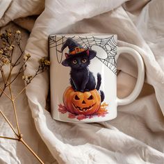 a black cat wearing a witches hat sitting on top of a pumpkin with a spider web