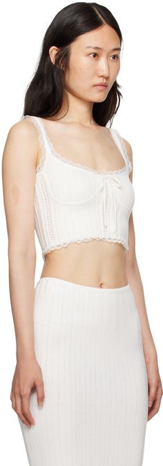 Rib knit viscose-blend tank top. Scalloped lace trim and perforated detailing throughout. · Scoop neck · Bow accent at front · Button closure at back Supplier color: White Danielle Guizio, Great Outfits, Knit Maxi Skirt, Mtv Movie Awards, Neck Bow, Movie Awards, Kate Hudson, Tank Top Camisole, Scalloped Lace