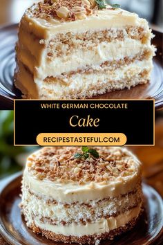 A delightful and moist white German chocolate cake layered with a rich coconut-pecan frosting. Perfect for celebrations or a sweet treat any day! German Vanilla Cake, German Chocolate Cake With Cream Cheese, Bavarian Bliss Cake Recipe, Coconut White Chocolate Cake, German Chocolate Cake Desserts, Danish Dream Cake 12 Tomatoes, Cheesecake Layered Cake, Bavarian Cake Recipes, German Cake Frosting