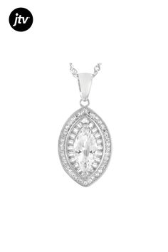 Bella Luce�� white diamond simulant 3.58ctw marquise, round, and baguette, rhodium over sterling silver pendant with chain. Measures approximately 18" L x 0.03" W and features a singapore chain with a lobster claw closure. Diamond equivalent weight is 2.16ctw. Silver Marquise Cut Diamond Necklace, Marquise Cut Cubic Zirconia Diamond Necklace In White Gold, White Gold Cubic Zirconia Necklace In Marquise Cut, White Gold Marquise Cut Cubic Zirconia Diamond Necklace, Silver Marquise Diamond Necklace With Accents, Classic Silver Marquise Diamond Necklace, Silver Marquise Necklace With Prong Setting, White Gold Marquise Jewelry With Halo Setting, Classic Marquise Cut Cubic Zirconia Necklace