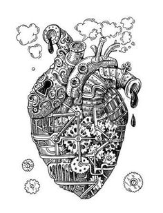 the human heart with gears and mechanical parts inside it hand drawn illustration on white background