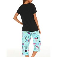 These Sleepwear Tops With Capri Pants are incredibly stylish and ideal for house gatherings. These are really stylish and quite comfortable and are ideal for relaxing at home. These pajama sets feature a trendy cool pattern and are machine washable. You can wear these tops with hoodies, jeans or with a jacket also. This loungewear is all you need to relax at home. They are soft and easy to touch which projects versatility and effortless grace in every step you take. Made to make you feel good, e Casual Black Printed Sleepwear, Trendy Loungewear Sets With Long Pants, Casual Printed Sleep Bottoms, Trendy Black Sleepwear For Loungewear, Casual Black Sleepwear Set, Casual Black Capris For Loungewear, Trendy Black Sleepwear For Lounging, Comfortable Cotton Capris For Loungewear, Casual Stretch Sleepwear With Pockets