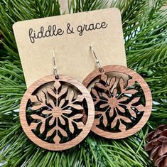 Christmas Earrings Earrings Holliday Earrings Snowflake - Etsy Engraving Crafts, Piercing Designs, Metal Piercing, Engraver Ideas, Laser Earrings, Laser Jewelry, Festive Christmas Outfit, Laser Engraved Earrings, Glowforge Ideas