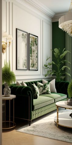 a living room filled with green couches and chairs next to a wall mounted plant