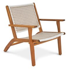 a wooden and wicker chair with white fabric on the armrests, viewed from the front