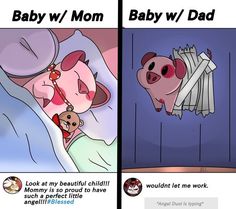 two cartoon pictures with baby and mom in bed, one is sleeping on the other side