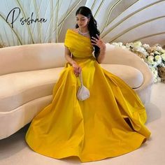 Elegant Long One Shoulder Yellow Evening Dress With Pockets Muslim A-Line Floor Length Robe De Yellow Gowns Elegant, Yellow Dress Outfit Classy, Yellow Evening Dress, Floor Length Robe, Jalabia Styles, Sustainability Education, Short White Dress Wedding, Yellow Evening Dresses, Silk Prom Dress