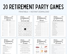 printable retirement party games with the text, 20 retirement party games