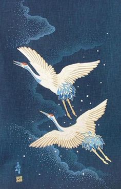 two white cranes flying through the night sky