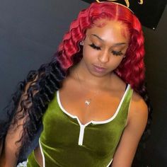 Women Fashion Ombre Wigs Lace Front Wigs Long Curly Wig Red Black Wig T Part 24&quot; Red And Black Wig, Hair Websites, Pretty Wigs, Lux Hair, Best Human Hair Wigs, Glamour Hair, Birthday Hairstyles, Braided Styles, School Hair