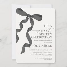 an elegant birthday party card with a ribbon on the front and bottom, in grey