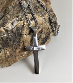 "This Small Cross Necklace is a great option as a gift for someone special, also is a perfect addition to your daily outfit! 316 Long lasting stainless steel will never tarnish or fade away. Stainless steel is hypo-allergenic making it a great choice for someone whose skin is sensitive to metal. Also, it will not turn your skin green or any other color. This necklace is completely personalized with own name, dates, Initials, roman numerals, bible verse, etc... and is an ideal gift for men, women Silver Cross Necklace For Father's Day Gift, Spiritual Stainless Steel Necklaces For Father's Day, Spiritual Stainless Steel Necklace For Father's Day, Personalized Cross Necklace For Father's Day, Personalized Cross Necklace, Personalized Cross, Custom Cross, Small Crosses, Engraved Necklace