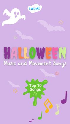 halloween music and movement songs for kids with the title top 10 songs on purple background