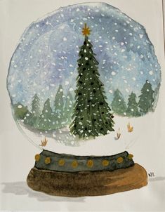 a drawing of a snow globe with a christmas tree in it