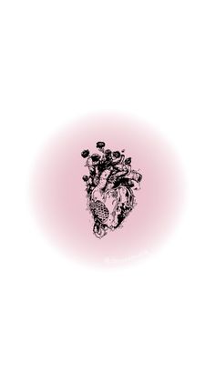 a black and white drawing of a heart surrounded by flowers on a light pink background