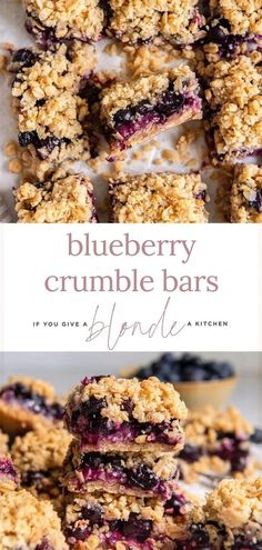 blueberry crumble bars stacked on top of each other with the title above it