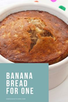 a banana bread in a white bowl on a plate with polka dot tablecloth and text overlay