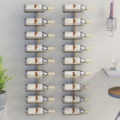 a wall mounted wine rack filled with lots of bottles next to a potted plant