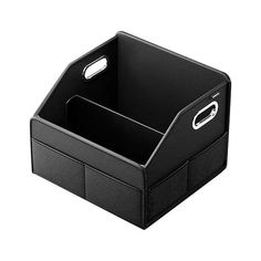 a black plastic storage bin with handles and two compartments on each side, for storing items