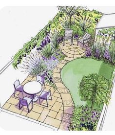 a drawing of a garden with tables and chairs