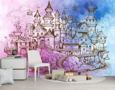 a room with a large wall mural in the shape of a castle, and a white chair next to it